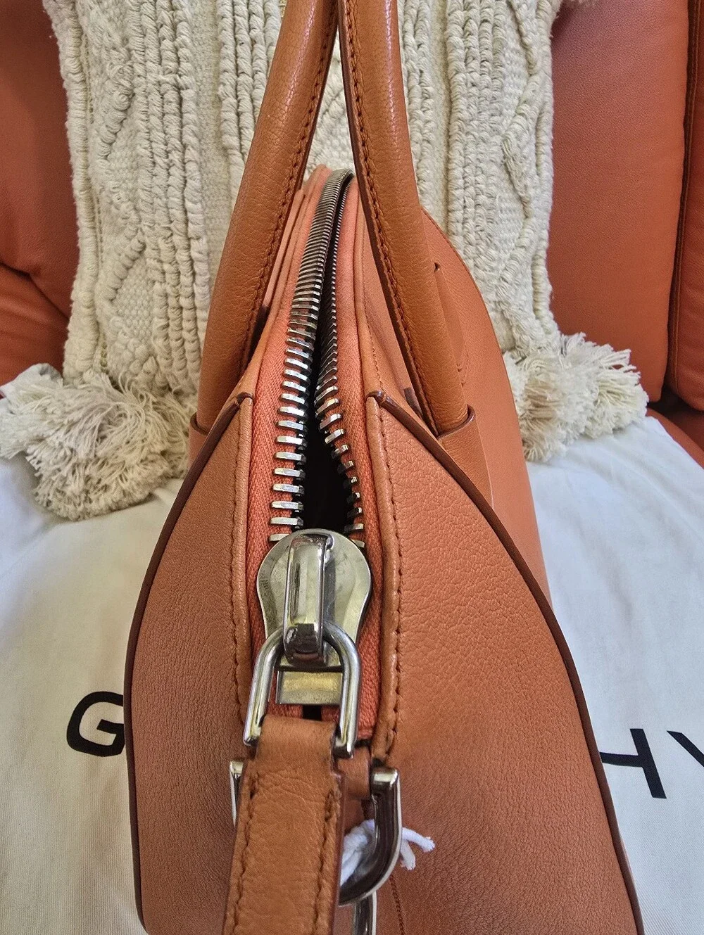Givenchy Orange  Antigona Shoulder Bag  Goatskin Leather.